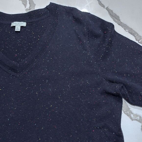 Talbots | Women’s Navy Speckled V neck Pullover Knit Sweater Sleeve Buttons Mp - Picture 4 of 14